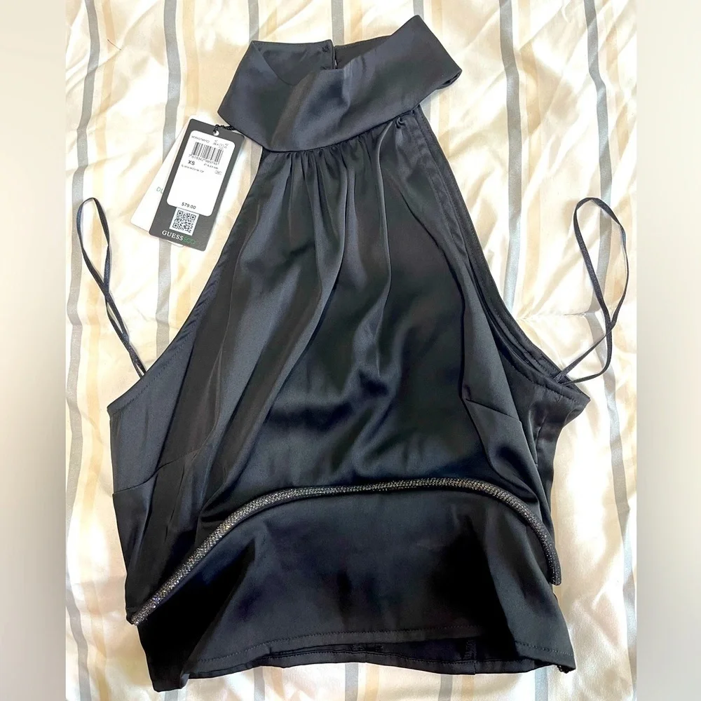 Guess ‘Aria’ Black Satin Mock Neck Top, NWT - Picture 1 of 5